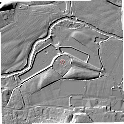 Shaded relief map of the ground around TA15AY, computed from Environment Agency LiDAR. The ground here sits at about 18 m above sea level and falls 10 m across the surrounding 800 m. Surface water reaching this point runs off ground lying to the east, 2.9 m higher.