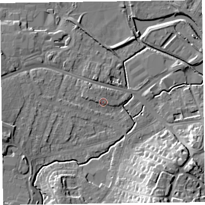 Shaded relief map of the ground around TA15BA, computed from Environment Agency LiDAR. The ground here sits at about 18 m above sea level and falls 21 m across the surrounding 800 m. Surface water reaching this point runs off ground lying to the north-west, 1.0 m higher.