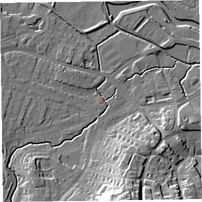 Shaded relief map of the ground around TA15BB, computed from Environment Agency LiDAR. The ground here sits at about 17 m above sea level and falls 28 m across the surrounding 800 m. Surface water reaching this point runs off ground lying to the south-south-east, 26.0 m higher.