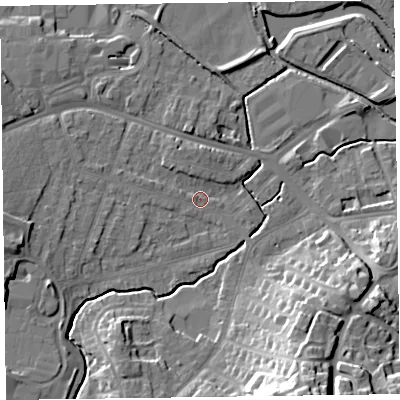 Shaded relief map of the ground around TA15BD, computed from Environment Agency LiDAR. The ground here sits at about 17 m above sea level and falls 26 m across the surrounding 800 m. Surface water reaching this point runs off ground lying to the west-south-west, 7.1 m higher.