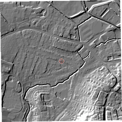 Shaded relief map of the ground around TA15BG, computed from Environment Agency LiDAR. The ground here sits at about 18 m above sea level and falls 29 m across the surrounding 800 m. Surface water reaching this point runs off ground lying to the west, 7.1 m higher.
