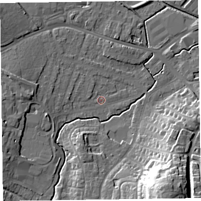 Shaded relief map of the ground around TA15BT, computed from Environment Agency LiDAR. The ground here sits at about 18 m above sea level and falls 32 m across the surrounding 800 m. Surface water reaching this point runs off ground lying to the west, 3.4 m higher.