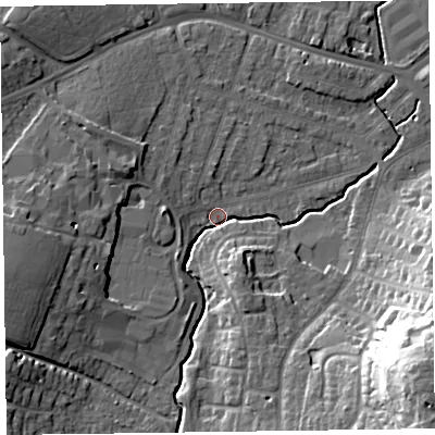Shaded relief map of the ground around TA15BY, computed from Environment Agency LiDAR. The ground here sits at about 18 m above sea level and falls 32 m across the surrounding 800 m. Surface water reaching this point runs off ground lying to the west-south-west, 13.0 m higher.