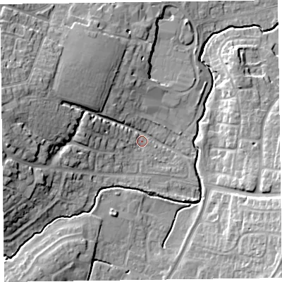 Shaded relief map of the ground around TA15DE, computed from Environment Agency LiDAR. The ground here sits at about 21 m above sea level and falls 19 m across the surrounding 800 m. Surface water reaching this point runs off ground lying to the west-north-west, 15.8 m higher.