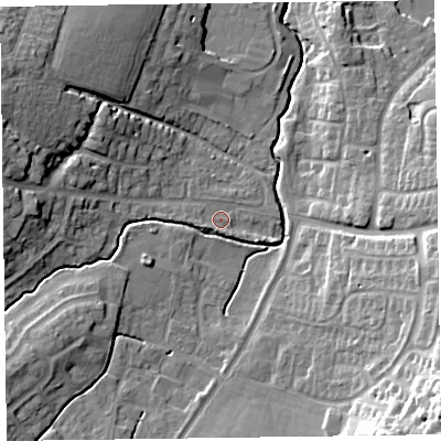 Shaded relief map of the ground around TA15DW, computed from Environment Agency LiDAR. The ground here sits at about 21 m above sea level and falls 24 m across the surrounding 800 m. Surface water reaching this point runs off ground lying to the west-south-west, 1.6 m higher.