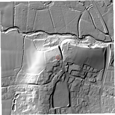 Shaded relief map of the ground around TA15EE, computed from Environment Agency LiDAR. The ground here sits at about 37 m above sea level and falls 26 m across the surrounding 800 m. Surface water reaching this point runs off ground lying to the south-west, 2.3 m higher.