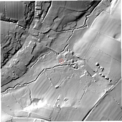 Shaded relief map of the ground around TA165AD, computed from Environment Agency LiDAR. The ground here sits at about 35 m above sea level and falls 29 m across the surrounding 800 m. Surface water reaching this point runs off ground lying to the south, 22.8 m higher.