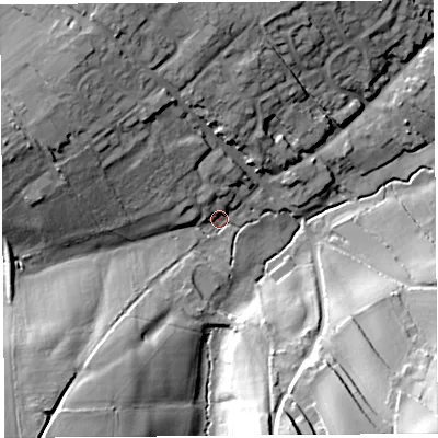 Shaded relief map of the ground around TA165NF, computed from Environment Agency LiDAR. The ground here sits at about 41 m above sea level and falls 33 m across the surrounding 800 m. Surface water reaching this point runs off ground lying to the south-west, 22.5 m higher.