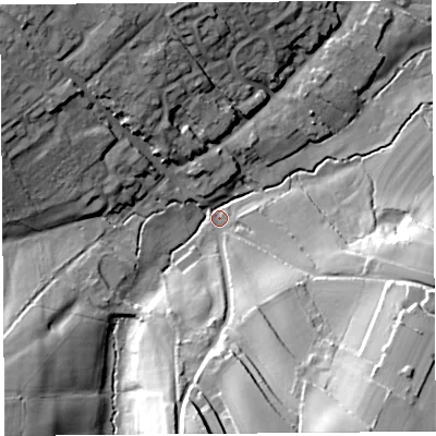 Shaded relief map of the ground around TA165NH, computed from Environment Agency LiDAR. The ground here sits at about 38 m above sea level and falls 39 m across the surrounding 800 m. Surface water reaching this point runs off ground lying to the south-south-east, 33.5 m higher.
