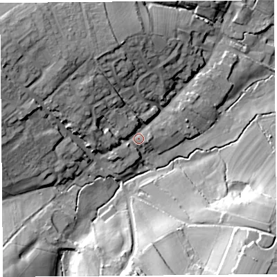 Shaded relief map of the ground around TA165NL, computed from Environment Agency LiDAR. The ground here sits at about 41 m above sea level and falls 31 m across the surrounding 800 m. Surface water reaching this point runs off ground lying to the north-west, 12.4 m higher.