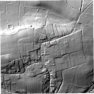 Shaded relief map of the ground around TA165PJ, computed from Environment Agency LiDAR. The ground here sits at about 53 m above sea level and falls 32 m across the surrounding 800 m. Surface water reaching this point runs off ground lying to the north-east, 1.8 m higher.