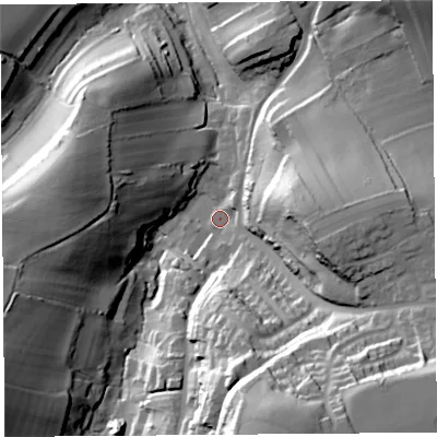 Shaded relief map of the ground around TA187AD, computed from Environment Agency LiDAR. The ground here sits at about 58 m above sea level and falls 59 m across the surrounding 800 m. Surface water reaching this point runs off ground lying to the south-south-east, 52.3 m higher.