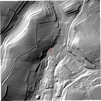 Shaded relief map of the ground around TA187DU, computed from Environment Agency LiDAR. The ground here sits at about 57 m above sea level and falls 59 m across the surrounding 800 m. Surface water reaching this point runs off ground lying to the south-south-east, 53.2 m higher.