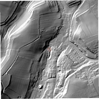 Shaded relief map of the ground around TA187DW, computed from Environment Agency LiDAR. The ground here sits at about 57 m above sea level and falls 57 m across the surrounding 800 m. Surface water reaching this point runs off ground lying to the south-south-east, 53.2 m higher.