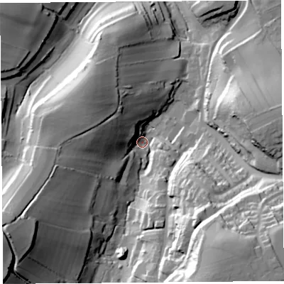 Shaded relief map of the ground around TA187DX, computed from Environment Agency LiDAR. The ground here sits at about 58 m above sea level and falls 58 m across the surrounding 800 m. Surface water reaching this point runs off ground lying to the south-east, 53.2 m higher.
