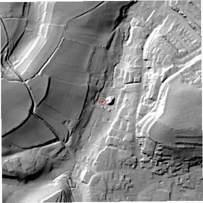 Shaded relief map of the ground around TA187ED, computed from Environment Agency LiDAR. The ground here sits at about 64 m above sea level and falls 59 m across the surrounding 800 m. Surface water reaching this point runs off ground lying to the west, 51.5 m higher.