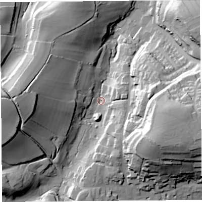 Shaded relief map of the ground around TA187EE, computed from Environment Agency LiDAR. The ground here sits at about 62 m above sea level and falls 55 m across the surrounding 800 m. Surface water reaching this point runs off ground lying to the west, 49.6 m higher.