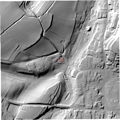 Shaded relief map of the ground around TA187ES, computed from Environment Agency LiDAR. The ground here sits at about 73 m above sea level and falls 63 m across the surrounding 800 m. Surface water reaching this point runs off ground lying to the north-north-west, 6.8 m higher.