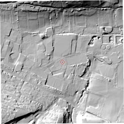 Shaded relief map of the ground around TA187HE, computed from Environment Agency LiDAR. The ground here sits at about 54 m above sea level and falls 42 m across the surrounding 800 m. Surface water reaching this point runs off ground lying to the west-south-west, 7.4 m higher.