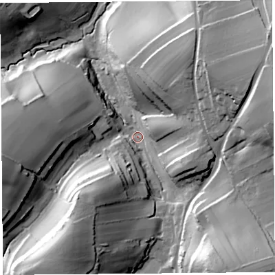 Shaded relief map of the ground around TA187ND, computed from Environment Agency LiDAR. The ground here sits at about 49 m above sea level and falls 50 m across the surrounding 800 m. Surface water reaching this point runs off ground lying to the east-north-east, 44.4 m higher.