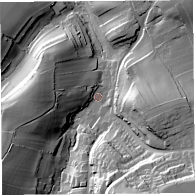 Shaded relief map of the ground around TA187NN, computed from Environment Agency LiDAR. The ground here sits at about 57 m above sea level and falls 59 m across the surrounding 800 m. Surface water reaching this point runs off ground lying to the south-south-east, 51.1 m higher.