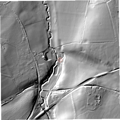 Shaded relief map of the ground around TA187NY, computed from Environment Agency LiDAR. The ground here sits at about 32 m above sea level and falls 30 m across the surrounding 800 m. Surface water reaching this point runs off ground lying to the south-south-east, 29.1 m higher.
