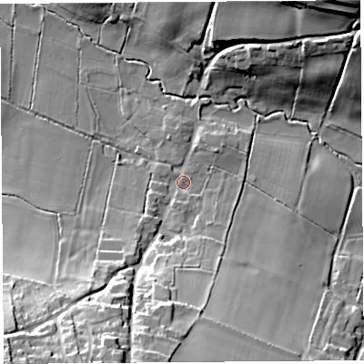 Shaded relief map of the ground around TA187PT, computed from Environment Agency LiDAR. The ground here sits at about 27 m above sea level and falls 35 m across the surrounding 800 m. Surface water reaching this point runs off ground lying to the south-south-west, 25.2 m higher.