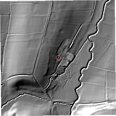 Shaded relief map of the ground around TA187QG, computed from Environment Agency LiDAR. The ground here sits at about 29 m above sea level and falls 36 m across the surrounding 800 m. Surface water reaching this point runs off ground lying to the west-north-west, 11.3 m higher.