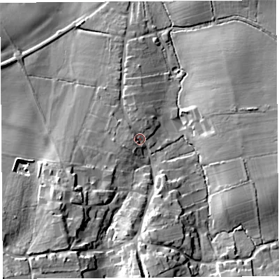 Shaded relief map of the ground around TA187RJ, computed from Environment Agency LiDAR. The ground here sits at about 40 m above sea level and falls 23 m across the surrounding 800 m. Surface water reaching this point runs off ground lying to the west-south-west, 3.9 m higher.