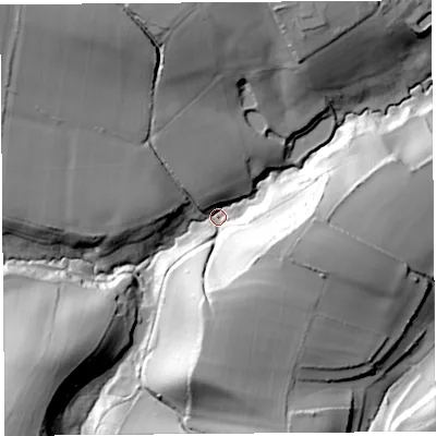 Shaded relief map of the ground around TA187TP, computed from Environment Agency LiDAR. The ground here sits at about 49 m above sea level and falls 49 m across the surrounding 800 m. Surface water reaching this point runs off ground lying to the south, 44.2 m higher.