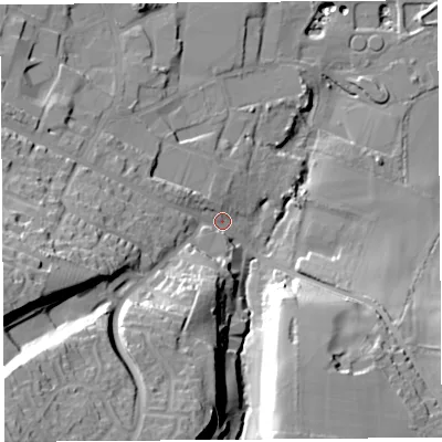 Shaded relief map of the ground around TA188AE, computed from Environment Agency LiDAR. The ground here sits at about 55 m above sea level and falls 50 m across the surrounding 800 m. Surface water reaching this point runs off ground lying to the south-west, 40.7 m higher.