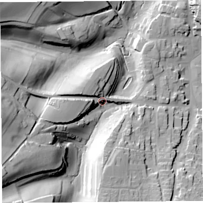 Shaded relief map of the ground around TA188BA, computed from Environment Agency LiDAR. The ground here sits at about 85 m above sea level and falls 57 m across the surrounding 800 m. Surface water reaching this point runs off ground lying to the south-west, 43.6 m higher.