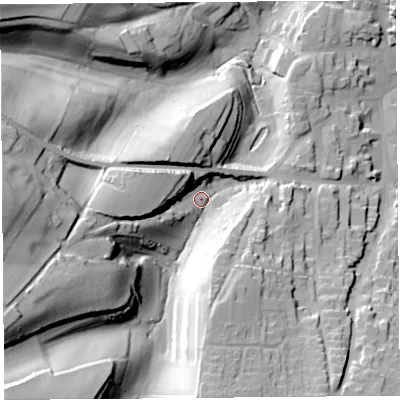 Shaded relief map of the ground around TA188BB, computed from Environment Agency LiDAR. The ground here sits at about 79 m above sea level and falls 58 m across the surrounding 800 m. Surface water reaching this point runs off ground lying to the south-west, 48.2 m higher.