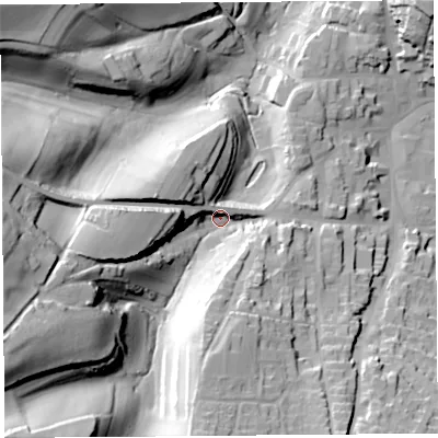 Shaded relief map of the ground around TA188BY, computed from Environment Agency LiDAR. The ground here sits at about 78 m above sea level and falls 52 m across the surrounding 800 m. Surface water reaching this point runs off ground lying to the west-south-west, 41.0 m higher.