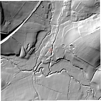Shaded relief map of the ground around TA188PU, computed from Environment Agency LiDAR. The ground here sits at about 87 m above sea level and falls 36 m across the surrounding 800 m. Surface water reaching this point runs off ground lying to the east-north-east, 24.5 m higher.