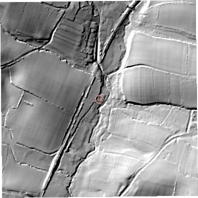 Shaded relief map of the ground around TA188QX, computed from Environment Agency LiDAR. The ground here sits at about 102 m above sea level and falls 41 m across the surrounding 800 m. Surface water reaching this point runs off ground lying to the west, 6.5 m higher.