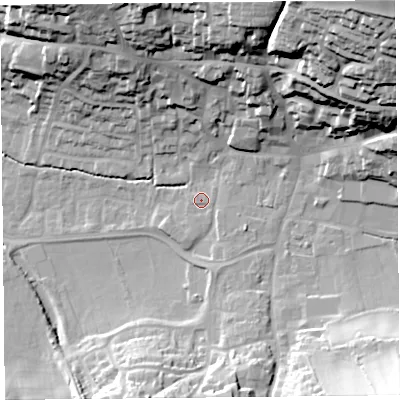 Shaded relief map of the ground around TA190BA, computed from Environment Agency LiDAR. The ground here sits at about 40 m above sea level and falls 55 m across the surrounding 800 m. Surface water reaching this point runs off ground lying to the east-south-east, 0.8 m higher.