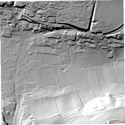 Shaded relief map of the ground around TA190BN, computed from Environment Agency LiDAR. The ground here sits at about 42 m above sea level and falls 69 m across the surrounding 800 m. Surface water reaching this point runs off ground lying to the south-east, 67.4 m higher.