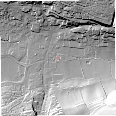 Shaded relief map of the ground around TA190BP, computed from Environment Agency LiDAR. The ground here sits at about 41 m above sea level and falls 66 m across the surrounding 800 m. Surface water reaching this point runs off ground lying to the south-east, 61.6 m higher.