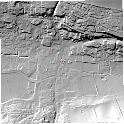 Shaded relief map of the ground around TA190BQ, computed from Environment Agency LiDAR. The ground here sits at about 41 m above sea level and falls 54 m across the surrounding 800 m. Surface water reaching this point runs off ground lying to the north-east, 49.8 m higher.