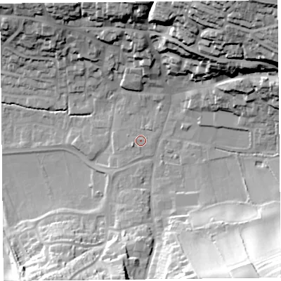 Shaded relief map of the ground around TA190DB, computed from Environment Agency LiDAR. The ground here sits at about 41 m above sea level and falls 52 m across the surrounding 800 m. Surface water reaching this point runs off ground lying to the west-south-west, 1.3 m higher.