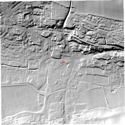 Shaded relief map of the ground around TA190DH, computed from Environment Agency LiDAR. The ground here sits at about 41 m above sea level and falls 60 m across the surrounding 800 m. Surface water reaching this point runs off ground lying to the north, 10.7 m higher.