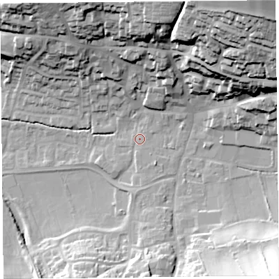 Shaded relief map of the ground around TA190DS, computed from Environment Agency LiDAR. The ground here sits at about 40 m above sea level and falls 57 m across the surrounding 800 m. Surface water reaching this point runs off ground lying to the north-east, 50.9 m higher.