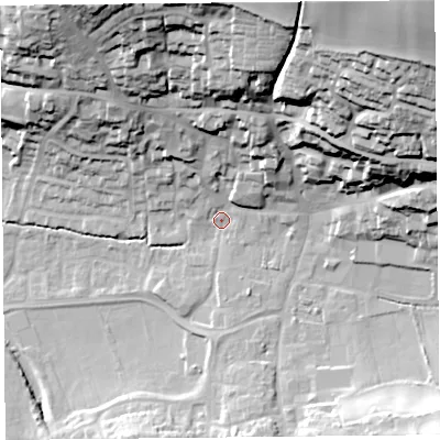 Shaded relief map of the ground around TA190DT, computed from Environment Agency LiDAR. The ground here sits at about 40 m above sea level and falls 61 m across the surrounding 800 m. Surface water reaching this point runs off ground lying to the north-east, 56.7 m higher.