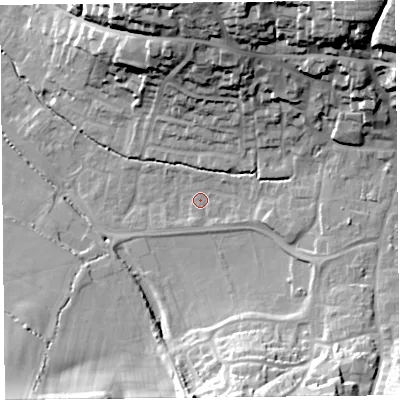 Shaded relief map of the ground around TA190EA, computed from Environment Agency LiDAR. The ground here sits at about 36 m above sea level and falls 45 m across the surrounding 800 m. Surface water reaching this point runs off ground lying to the north-east, 38.5 m higher.