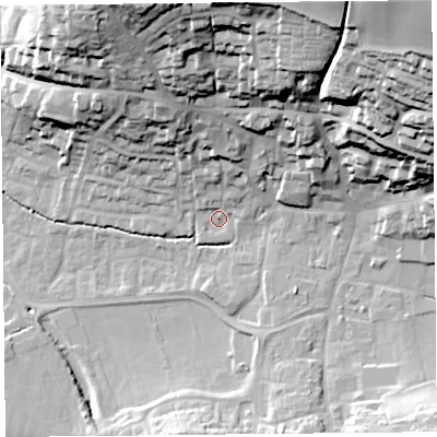 Shaded relief map of the ground around TA190EE, computed from Environment Agency LiDAR. The ground here sits at about 39 m above sea level and falls 60 m across the surrounding 800 m. Surface water reaching this point runs off ground lying to the north-north-east, 46.1 m higher.