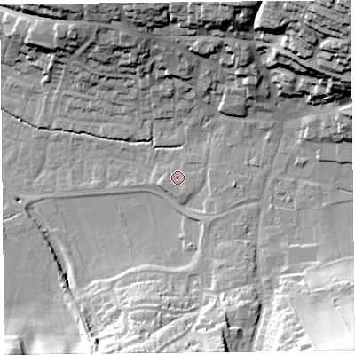 Shaded relief map of the ground around TA190EF, computed from Environment Agency LiDAR. The ground here sits at about 39 m above sea level and falls 50 m across the surrounding 800 m. Surface water reaching this point runs off ground lying to the east-north-east, 1.5 m higher.