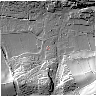Shaded relief map of the ground around TA190EU, computed from Environment Agency LiDAR. The ground here sits at about 42 m above sea level and falls 58 m across the surrounding 800 m. Surface water reaching this point runs off ground lying to the south-east, 2.2 m higher.