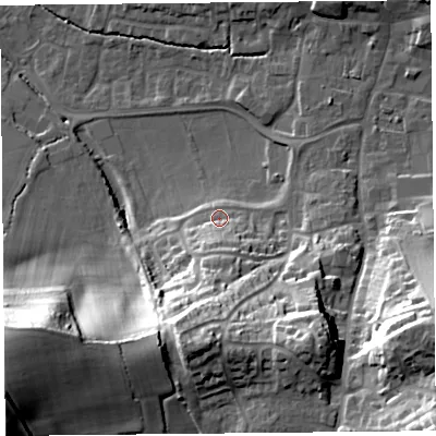 Shaded relief map of the ground around TA190EY, computed from Environment Agency LiDAR. The ground here sits at about 42 m above sea level and falls 51 m across the surrounding 800 m. Surface water reaching this point runs off ground lying to the south, 7.6 m higher.