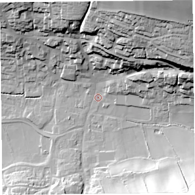 Shaded relief map of the ground around TA190FA, computed from Environment Agency LiDAR. The ground here sits at about 41 m above sea level and falls 57 m across the surrounding 800 m. Surface water reaching this point runs off ground lying to the north-north-east, 52.5 m higher.
